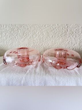 Cambridge Glass Pink Dome Candlestick Holders Etched Elegant Depression Glass